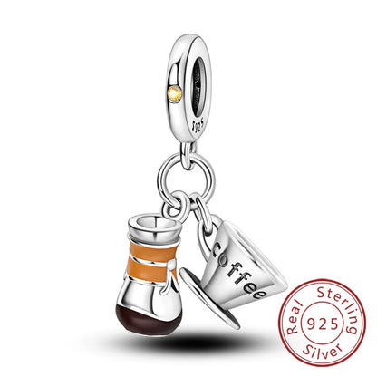 Dijes de plata de ley 925 originales, abalorios de cristal de vino, taza de café, dije colgante para pulseras de mujer, joyería DIY, regalo