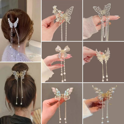 Glitter Shark Grip Clips Korean Style Sweet Romantic Hair Claws Butterfly Shape Girls Pearl Tassel Metal Jewelry Hair Accessory
