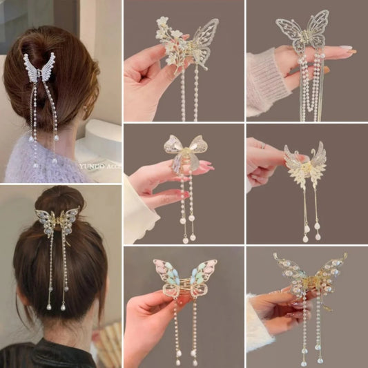 Glitter Shark Grip Clips Korean Style Sweet Romantic Hair Claws Butterfly Shape Girls Pearl Tassel Metal Jewelry Hair Accessory