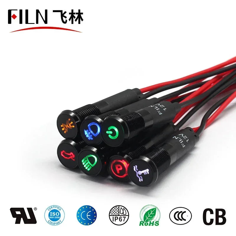 8/10/12/14/16mm Symbol LED Indicator Light 12V 24V Black Metal Indicator Dash Pilot Light with Wire Car Dashboard Truck Machinery