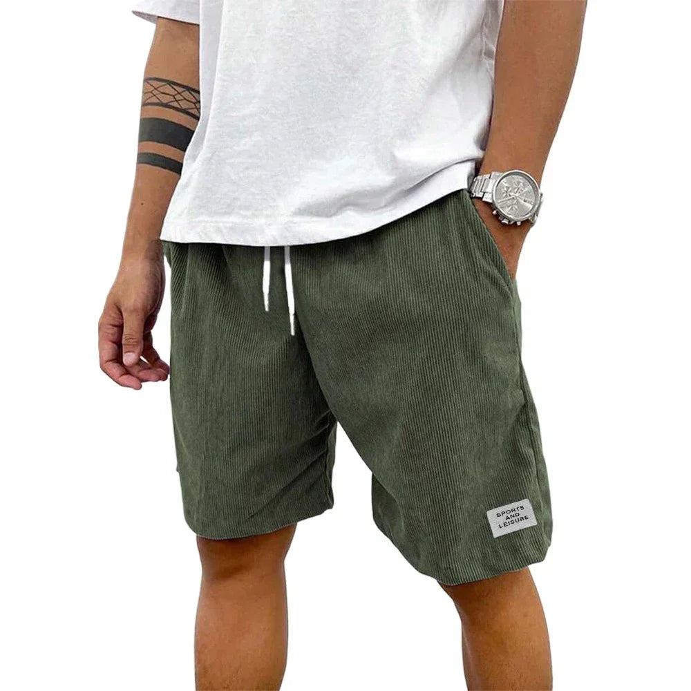 Summer Men's Solid Corduroy Shorts with Drawstring Casual Elastic Waist Fit for Outdoor Daily Activities Streetwear