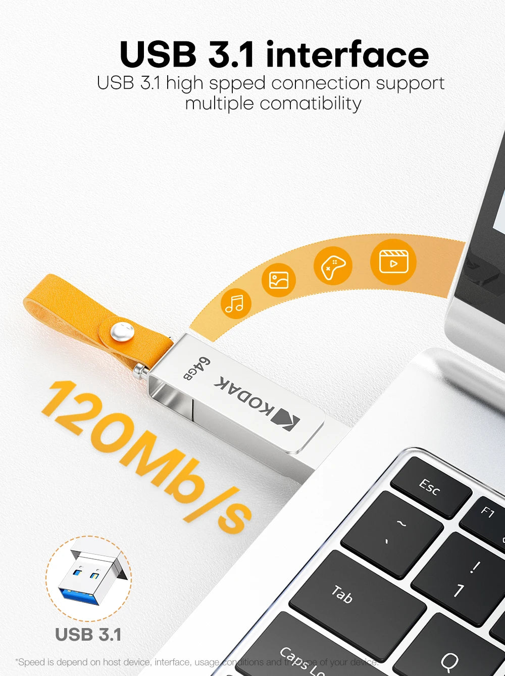 Kodak K133 USB 3.1 Flash Drive 64GB 128GB 256GB 512GB Read Speed 120MB/s Metal Body Leather Band USB3.1 Pen Drive for PC & HD-TV