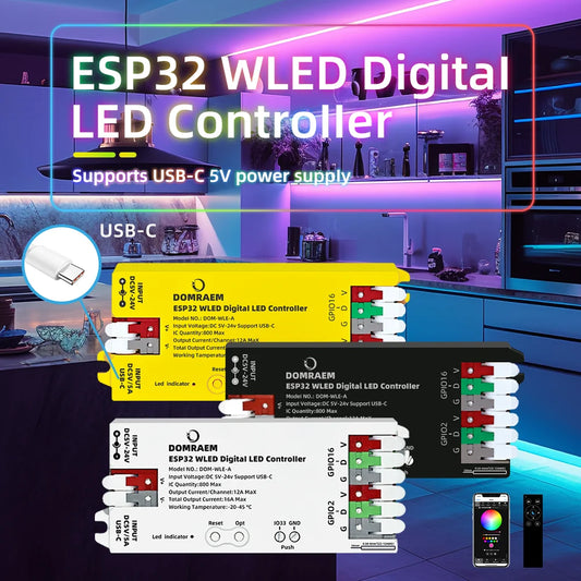 DOMRAEM ESP32 USB-C WLED Digital LED controller RGB IC DIY APP 16A fuse Works with HA/MQTT/Alexa WS2811/12/12B/14/05 Sk6812 Strip