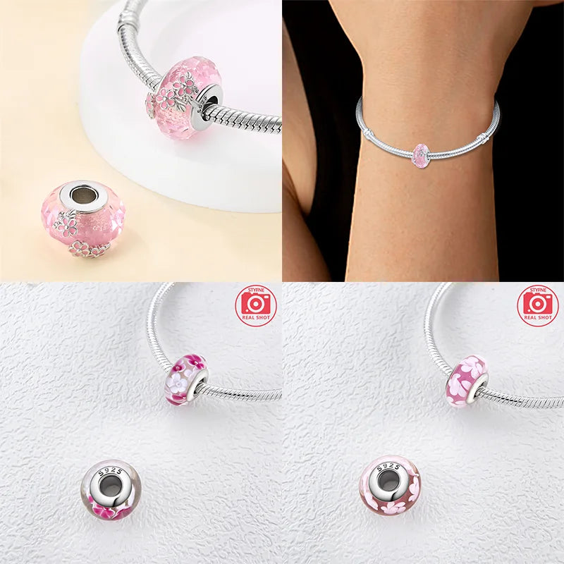925 Sterling Silver Pink Color Series Beads Heart Flower Murano Glass DIY Jewelry Charms Fit Original Bracelet for Women Fine Gifts