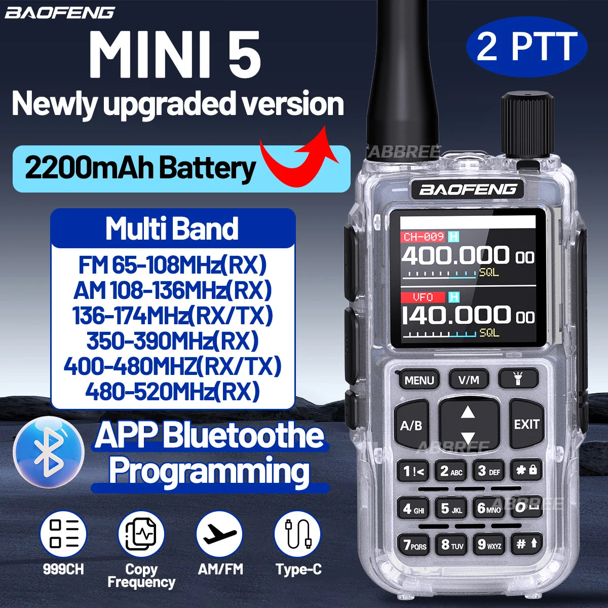 BAOFENG MINI 5 Walkie Talkie Batería 2200mAh Programación Bluetooth por APP Doble PTT Largo Alcance Nuevo Modelo UV-5R MINI Radioaficionado