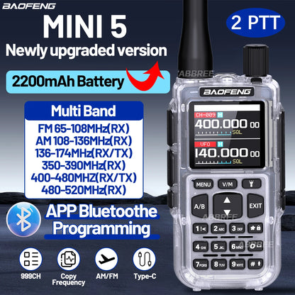 BAOFENG MINI 5 Walkie Talkie Batería 2200mAh Programación Bluetooth por APP Doble PTT Largo Alcance Nuevo Modelo UV-5R MINI Radioaficionado