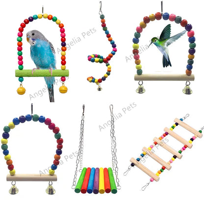 Natural Wood Birds Pets Parrots Ladders Climbing Toy Hanging Colorful Balls Parrot Swing Toys for Conures Parakeets Cockatiels