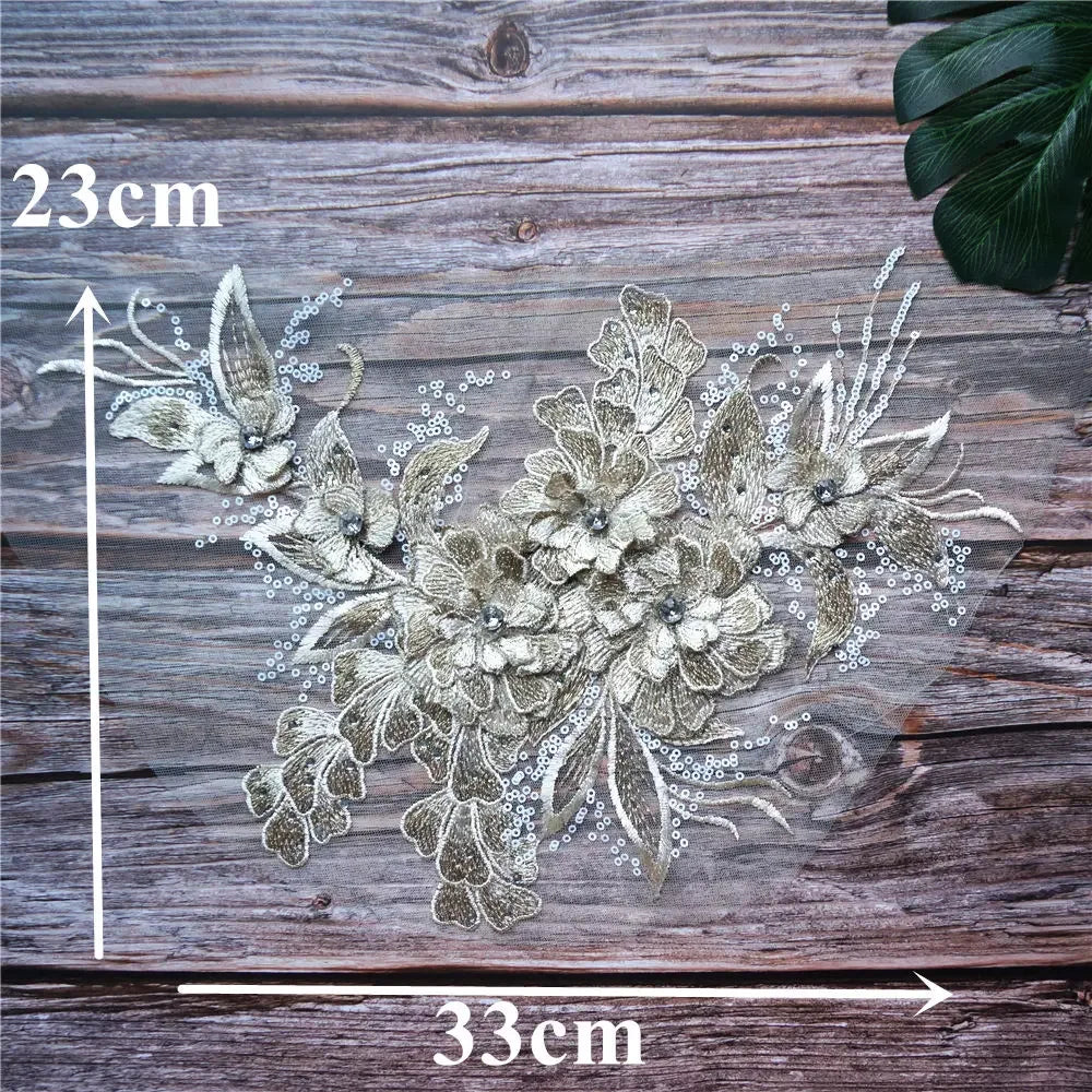 Grey Blue Red 3D Flower Leaf Lace Fabric Sequin Rhinestone Embroidered Gown Appliques Collar Mesh Sew Patch For Wedding Decor