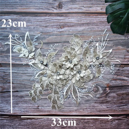 Grey Blue Red 3D Flower Leaf Lace Fabric Sequin Rhinestone Embroidered Gown Appliques Collar Mesh Sew Patch For Wedding Decor
