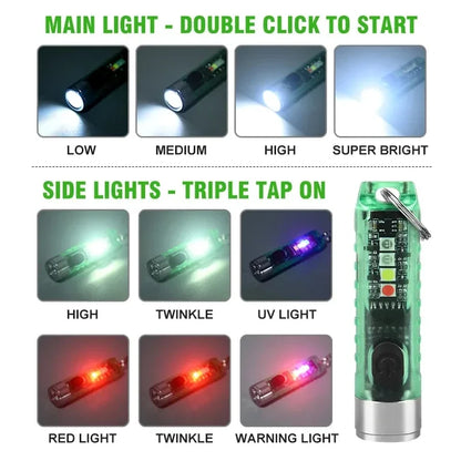 Multi-function Mini EDC LED Flashlight Portable Keychain Light MagneticTorch USB Rechargeable UV Lamp Emergency Camping Lantern
