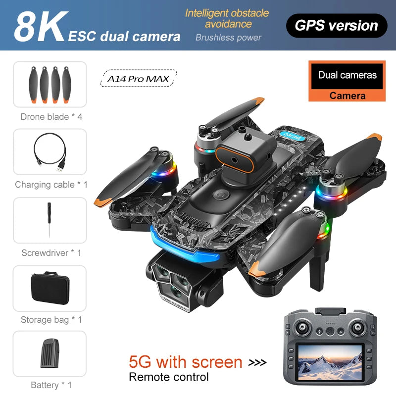 Drone A14Pro Max 8K HD Three Camera Brushless Optical Flow Obstacle Avoidance Foldable Quadcopter UAV 4.5-inch Large Screen Toys