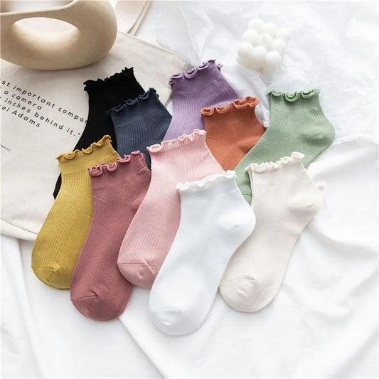 Cotton Women's Socks Frilly Ruffle Socks Spring Summer Casual Ankle Short Boat Socks Loose Knit Solid Color Mid-Calf Socks