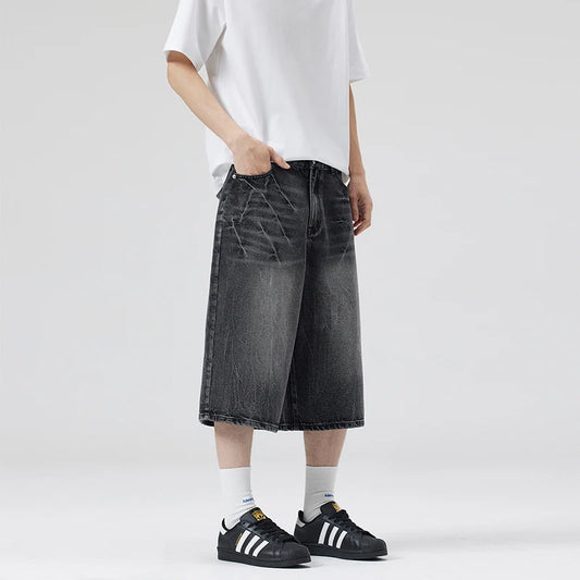 American Lightning Crack Black Grey Jeans, Men's Straight Tube Loose Wide Leg Shorts, Y2k Street Hip Hop Sevens