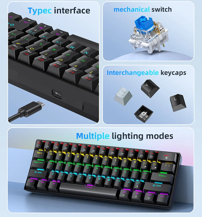 K61 Wired Portable Mechanical Keyboard, Phantom RGB Colorful, Gaming-grade Response, Ergonomic Design, Usable for Gaming and Office
