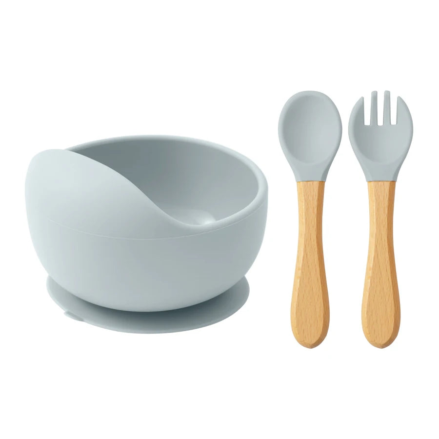 Mamaplan 3PCS Baby Silicone Feeding Set Toddler Suction Bowl Feeding Training Spoon Fork Baby Dishes Plate Baby Accessories