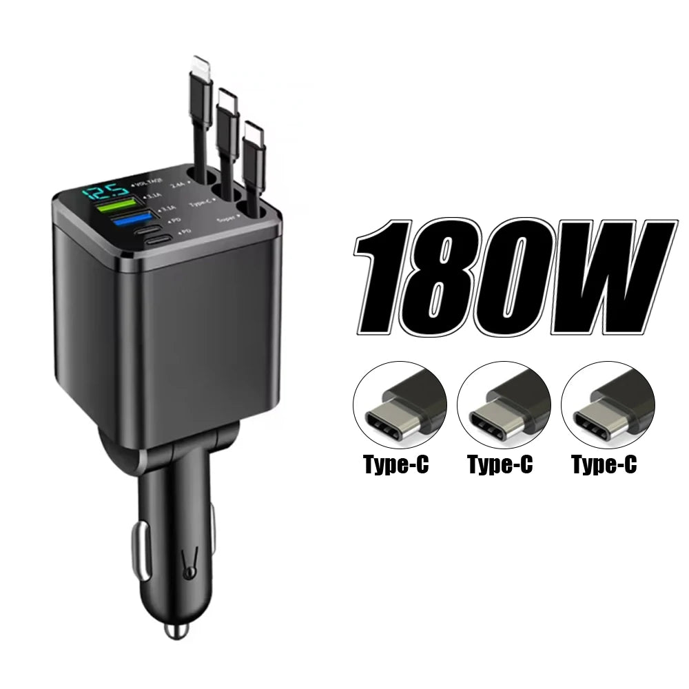 KEBIDUMEI 180W Car Charger PD30W USB 3.1A Phone Charger Digital Display Fast Charging Retractable Cable Adapter Car Accessories