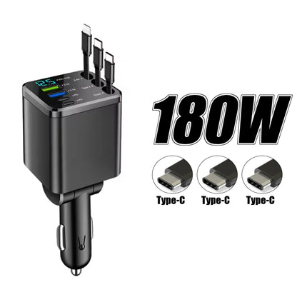 KEBIDUMEI 180W Car Charger PD30W USB 3.1A Phone Charger Digital Display Fast Charging Retractable Cable Adapter Car Accessories
