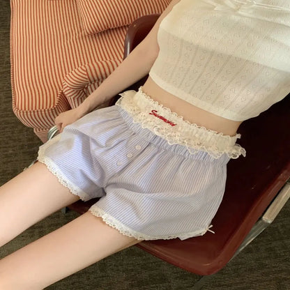 S,M,L,XL Sexy Cute Summer Striped Shorts Blue Pink Elastic Waist Shorts Button Embroidered Lace Shorts Leggings for Women Girl