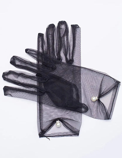 White satin wedding dress gloves Short elegant petal pearl bow mesh bridal gloves versatile photo accessories pearl retro