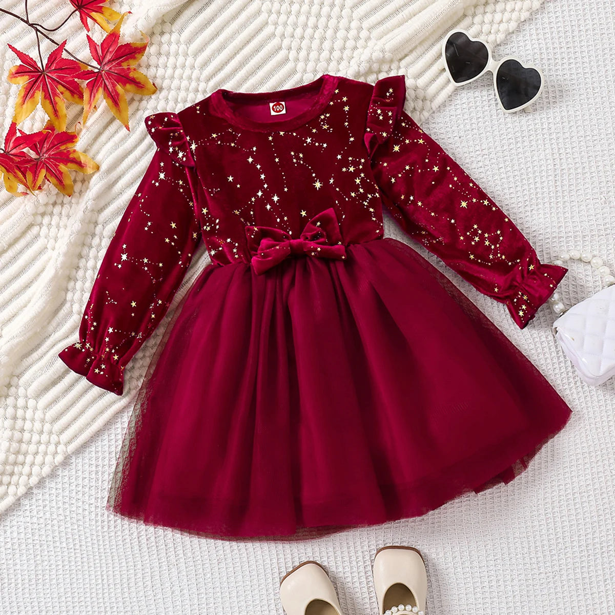 Girl's Autumn Winter Velvet Long-Sleeved Mesh Bow Princess Dress - New Year Children's Party Festive Dress