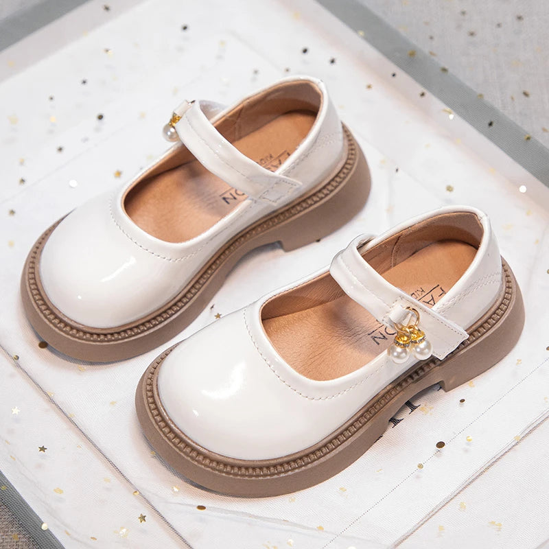 Girls' Chic Leather Princess Mary Janes with Pearl Pendant for Wedding Party, Back to School, Dress Flats (Sizes 26-36)