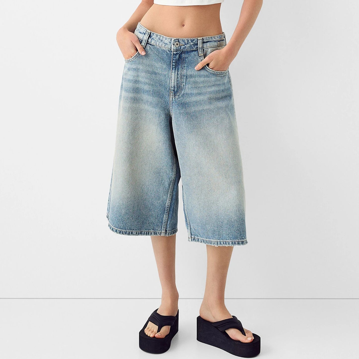 Women's Trendy Knee Length Denim Shorts, Low Waisted Stretchy Bermuda Jean Shorts, Baggy Cargo Jorts Y2K Vintage Streetwear