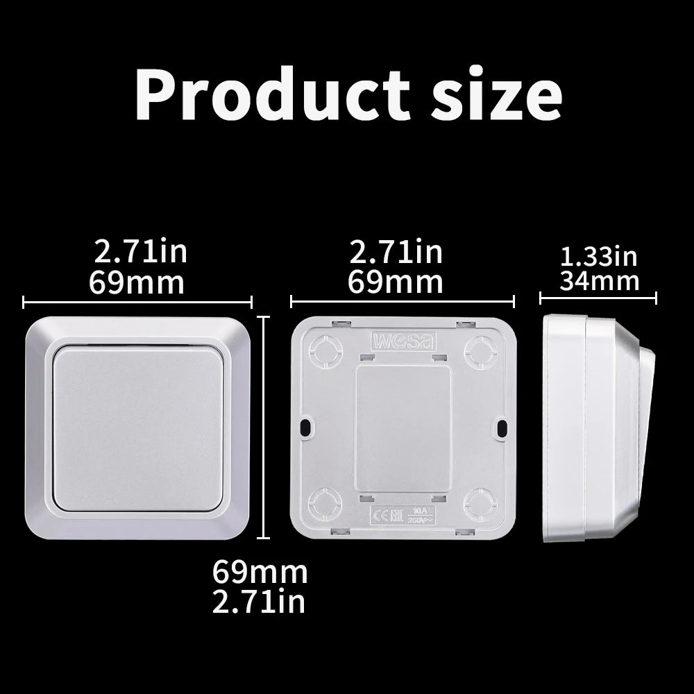 Silvery Wall Surface Button, Light Switch, EU Spray Paint Plastic Outdoor 1 Gang 1 Way, Wall Exterior Rocker On/Off  Switch, WESA