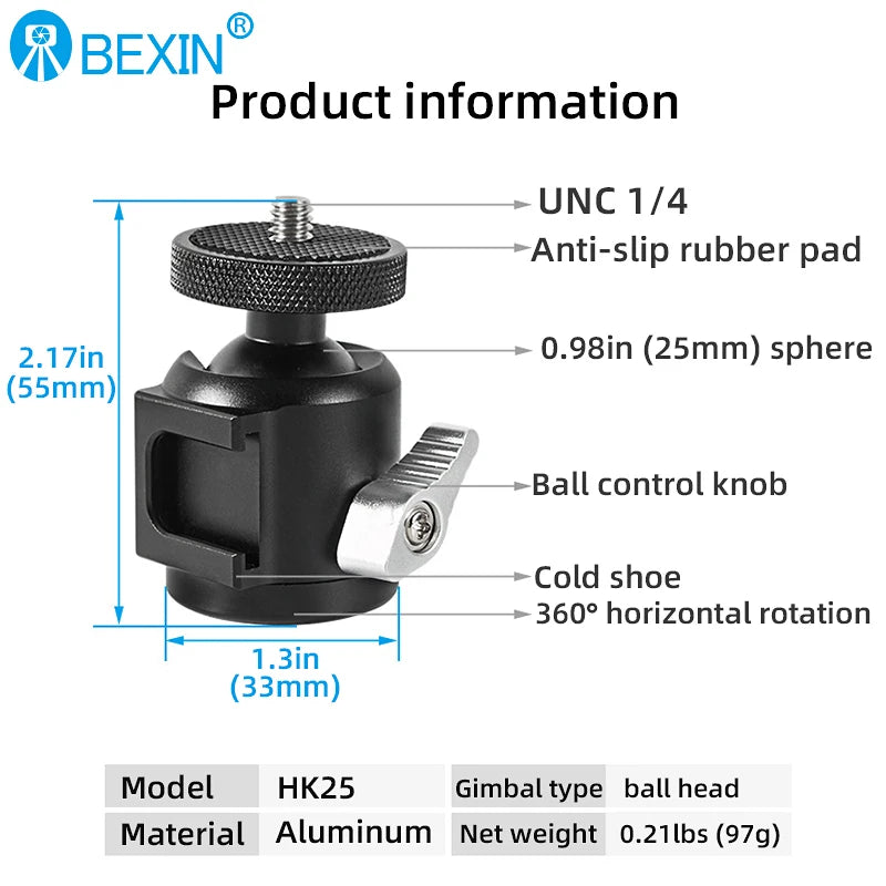 Mini Cold Shoe Ball Head, Dual Use 1/4 Screw Cold Shoe Aluminum Alloy Ball Head for Camera Phone Speedlite Tripod Selfie Stick, BEXIN K19