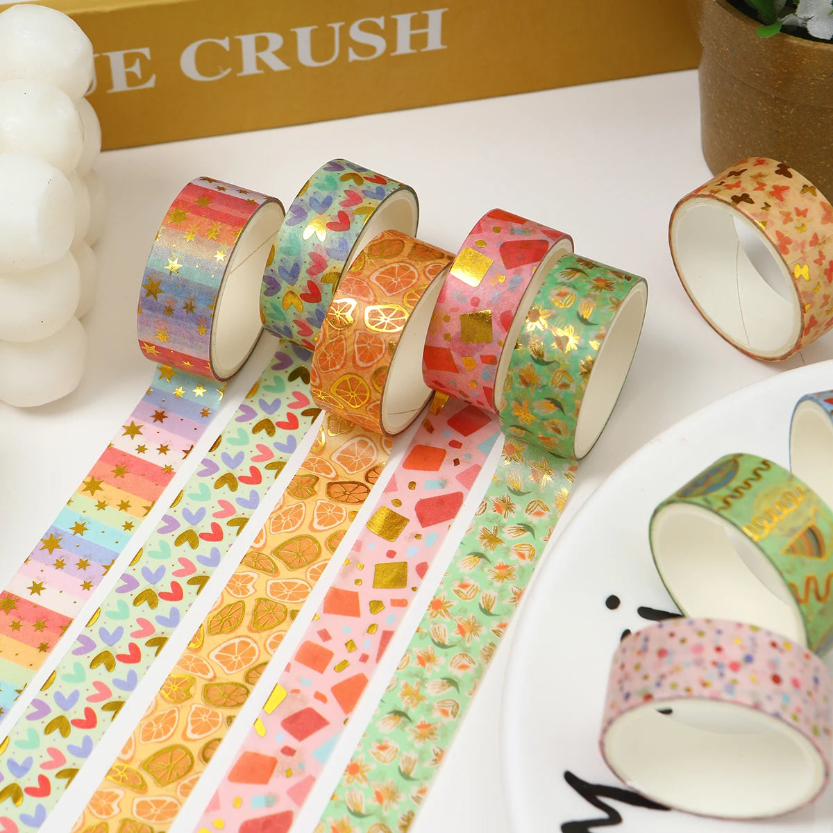 Creative Floral Hot Foil Washi Tape Set, 12 Rolls Decorative Masking Tape for Scrapbooking, Journaling, DIY Gift Supplies