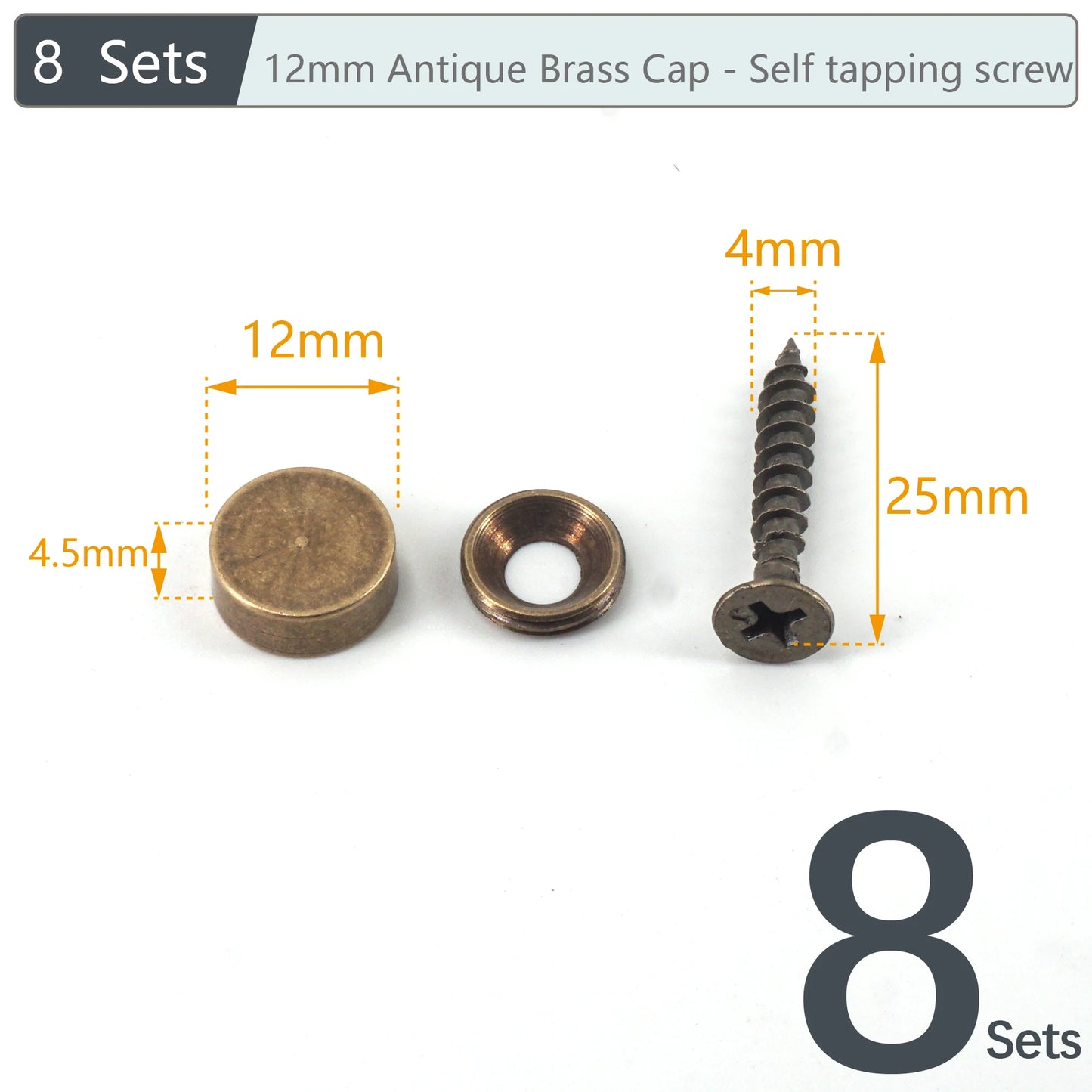 8Sets, Brass Decorative Nail, Mirror Advertising Board Cap Cover Self-tapping Screw, 9mm/12mm/13mm/15mm