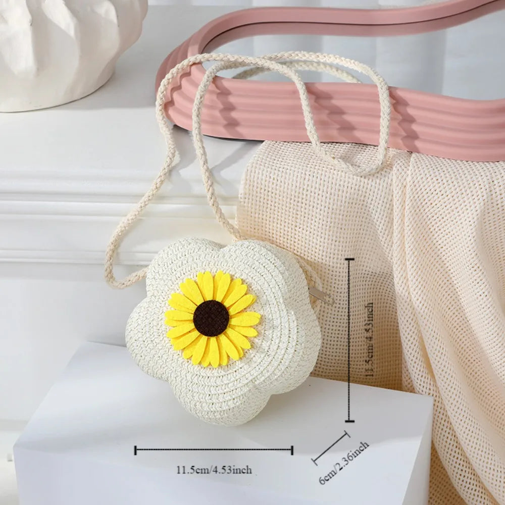Bolso bandolera de paja duradero, monedero tejido con flores, bolso de mano para niñas, bolso de hombro tipo mensajero para niños, mini bolso de princesa lindo de verano