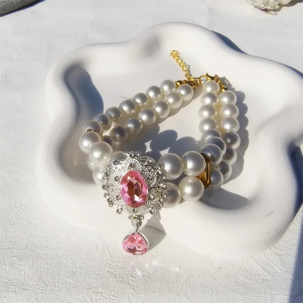 1 collar de perlas de doble capa de lujo para mascotas con colgante de diamante, disfraz de boda, perro, gato, accesorios de joyería de cristal, suministros para mascotas