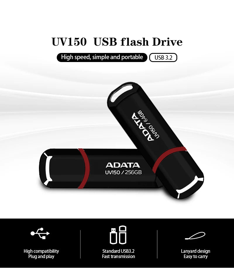 ADATA UV150 USB3.2 High-speed Flash Drive Plug And Play Easy Portable USB Flash Drive Black 256GB 128GB 64GB 32GB