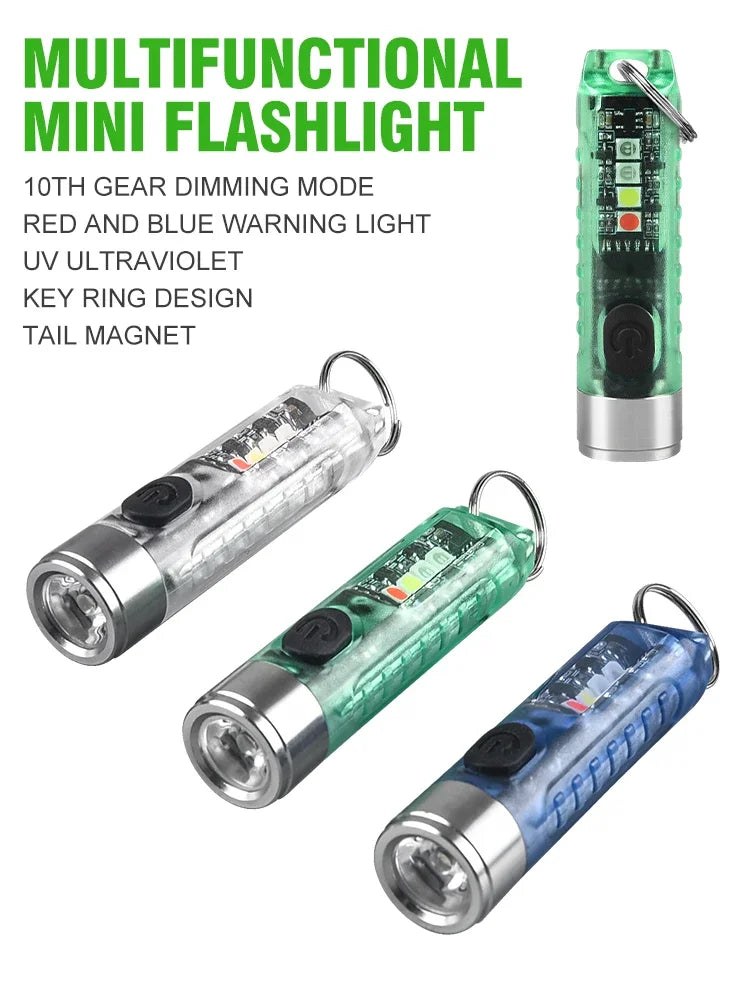 Multi-function Mini EDC LED Flashlight Portable Keychain Light MagneticTorch USB Rechargeable UV Lamp Emergency Camping Lantern