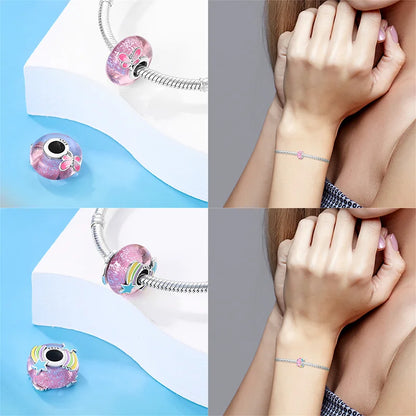 925 Sterling Silver Pink Color Series Beads Heart Flower Murano Glass DIY Jewelry Charms Fit Original Bracelet for Women Fine Gifts