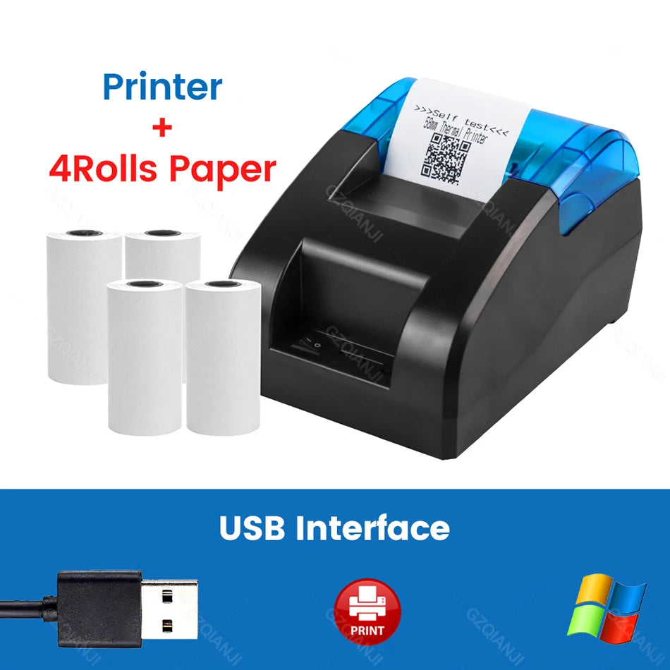 58MM Desktop POS Cashier Printer USB Bluetooth Thermal Receipt Printer Restaurant Sales Kitchen Bill Printing for Mobile Windows