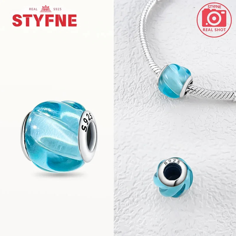 925 Sterling Silver Blue Series Crystal Enamel Murano Charm Bead Fits Original Bracelet for Women DIY Fine Jewelry Gifts