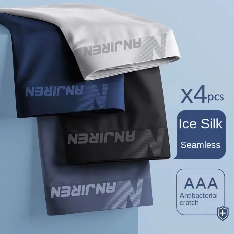 4pcs Boxer Shorts Men's Ice Silk Underwear Male Underpants Breathable Sexy Thin Panties U Convex Lingerie Wholesale Lots L-6XL