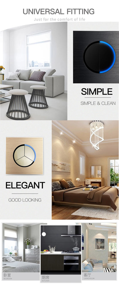 Wallpad Wall Switch 1 Way 2 Way, Circle Round Button, Blue LED Indicator, Brushed Aluminum Finishing, Black Gold SIlver Brown