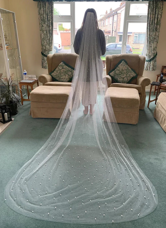 Pearls White Ivory Long Bridal Veil With Comb 1 Layer, Cathedral Wedding Veil with Pearls, Velos de Noiva, Crystal Beads, 75-300cm