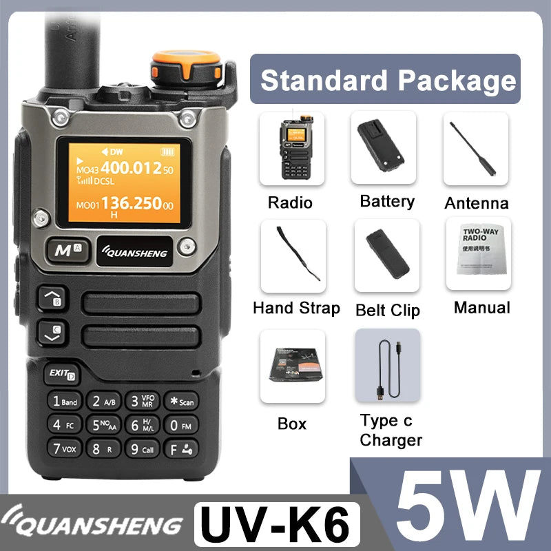 Quansheng UV-K6 Walkie Talkie 5W Radio de banda aérea Carga tipo C UHF VHF DTMF FM Scrambler NOAA Frecuencia inalámbrica Radio CB de dos vías