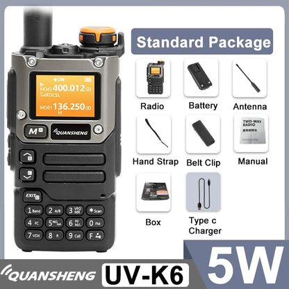 Quansheng UV-K6 Walkie Talkie 5W Radio de banda aérea Carga tipo C UHF VHF DTMF FM Scrambler NOAA Frecuencia inalámbrica Radio CB de dos vías