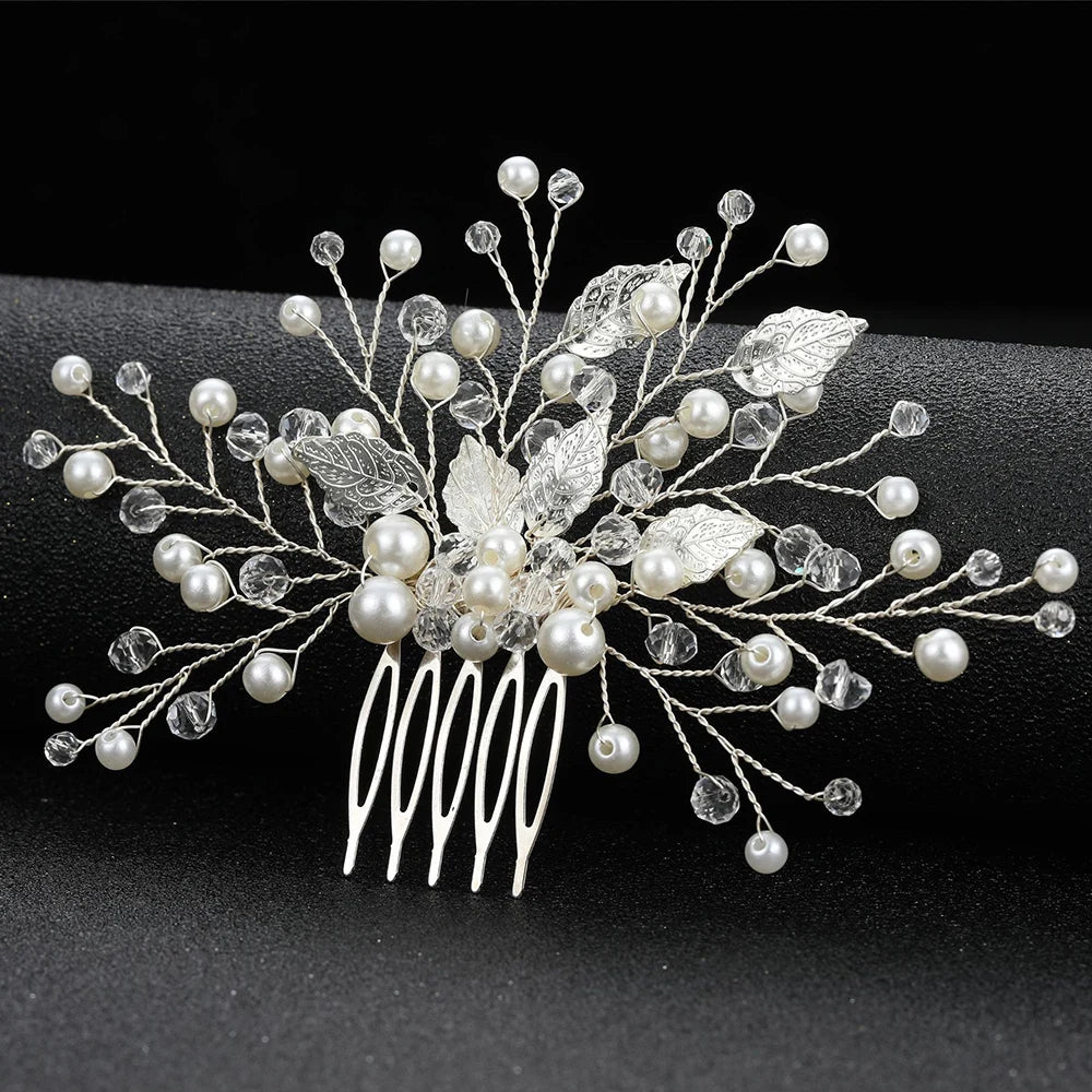 Crystal Pearl Hair Comb Clip Pin Alloy Leaf Hair Comb Handmade Headband Tiara For Women Bride Wedding Hair Accessories Jewelry
