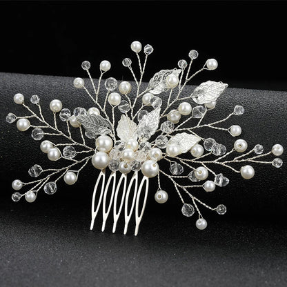 Crystal Pearl Hair Comb Clip Pin Alloy Leaf Hair Comb Handmade Headband Tiara For Women Bride Wedding Hair Accessories Jewelry