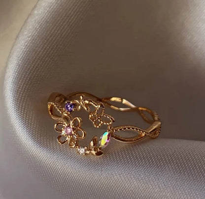 New Cute Colorful Zircon Flower Ring For Women Girl, Fashion Vintage Zircon Adjustable Rings, Jewelry Gift