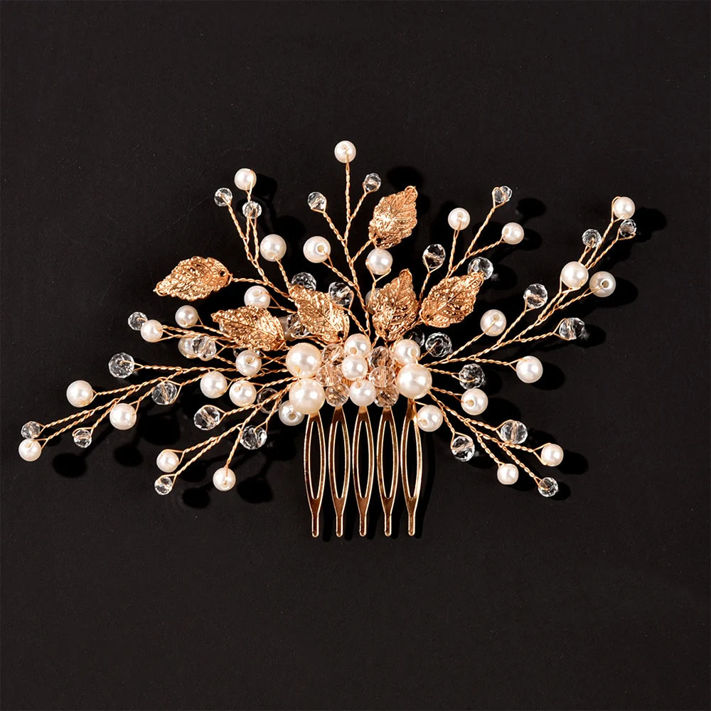Crystal Pearl Hair Comb Clip Pin Alloy Leaf Hair Comb Handmade Headband Tiara For Women Bride Wedding Hair Accessories Jewelry
