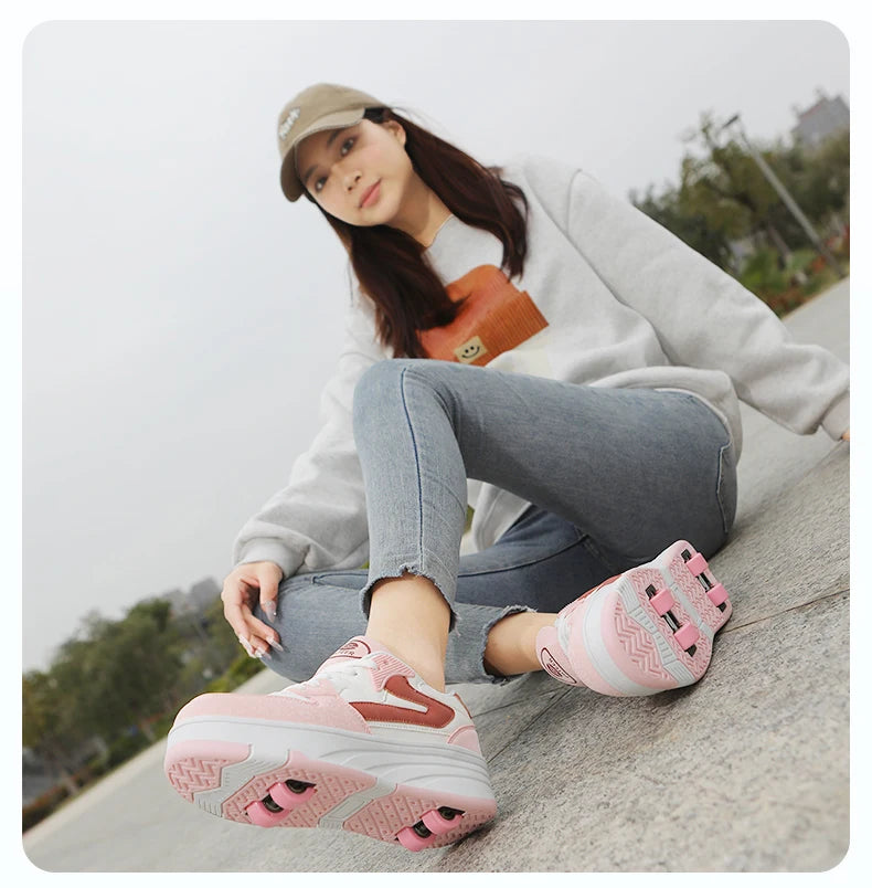 Roller Skate Shoe Walking Shoes With Four-wheel Student Sports Pulleys Walking Shoes With Wheels Summer Spring Kids Sneakers