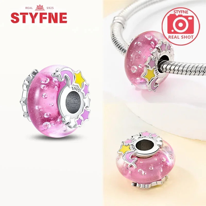 925 Sterling Silver Pink Color Series Beads Heart Flower Murano Glass DIY Jewelry Charms Fit Original Bracelet for Women Fine Gifts