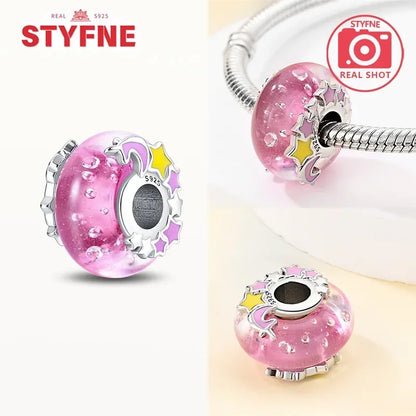 925 Sterling Silver Pink Color Series Beads Heart Flower Murano Glass DIY Jewelry Charms Fit Original Bracelet for Women Fine Gifts