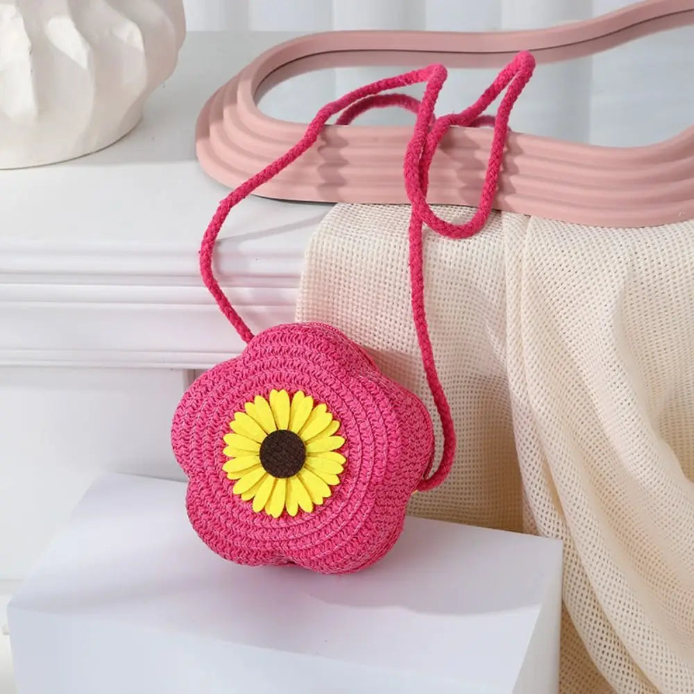 Bolso bandolera de paja duradero, monedero tejido con flores, bolso de mano para niñas, bolso de hombro tipo mensajero para niños, mini bolso de princesa lindo de verano